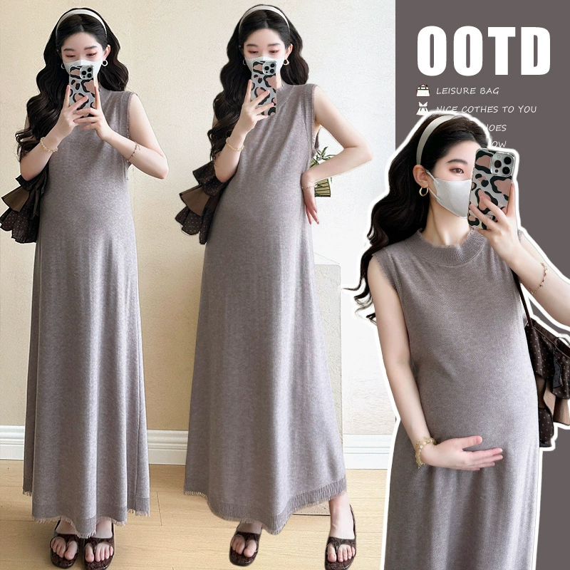Летнее платье без рукавов для беременных 2025, новый стиль, модная верхняя одежда для будущих мам, элегантное вязаное летнее длинное платье