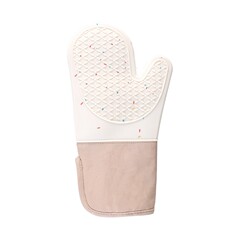 Beige cotton-padded twill silicone gloves&mdash;silicone-and-cotton blend, featuring heat-resistant properties, perfect as pot holders, microwave oven mitts, and oven gloves.