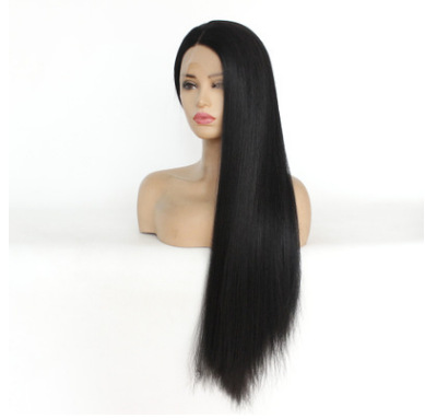 Moda al por mayor de fibra química europea y americana frente encaje medio negro largo recto peluca de comercio exterior LW0079