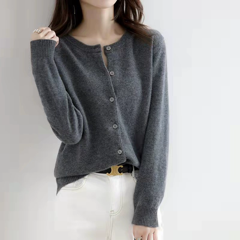 Демисезонная вязаная кофта, oversize с круглым воротником, шерстяной смеси цветной, размеры S–2XL