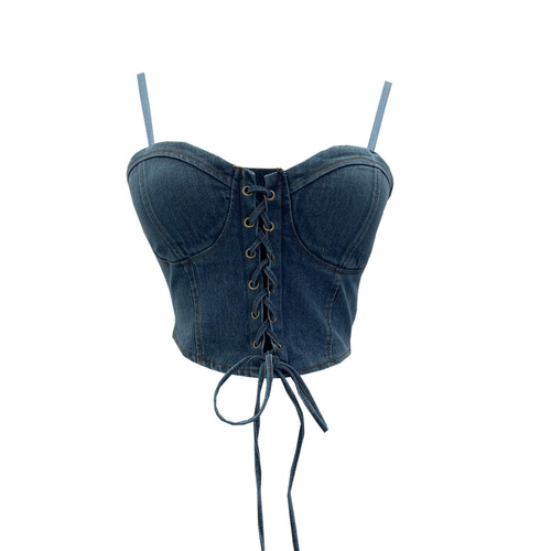 Actual shot of a denim vest with chest pads, adjustable shoulder straps, and a bow tie short suspender tube top 2597
