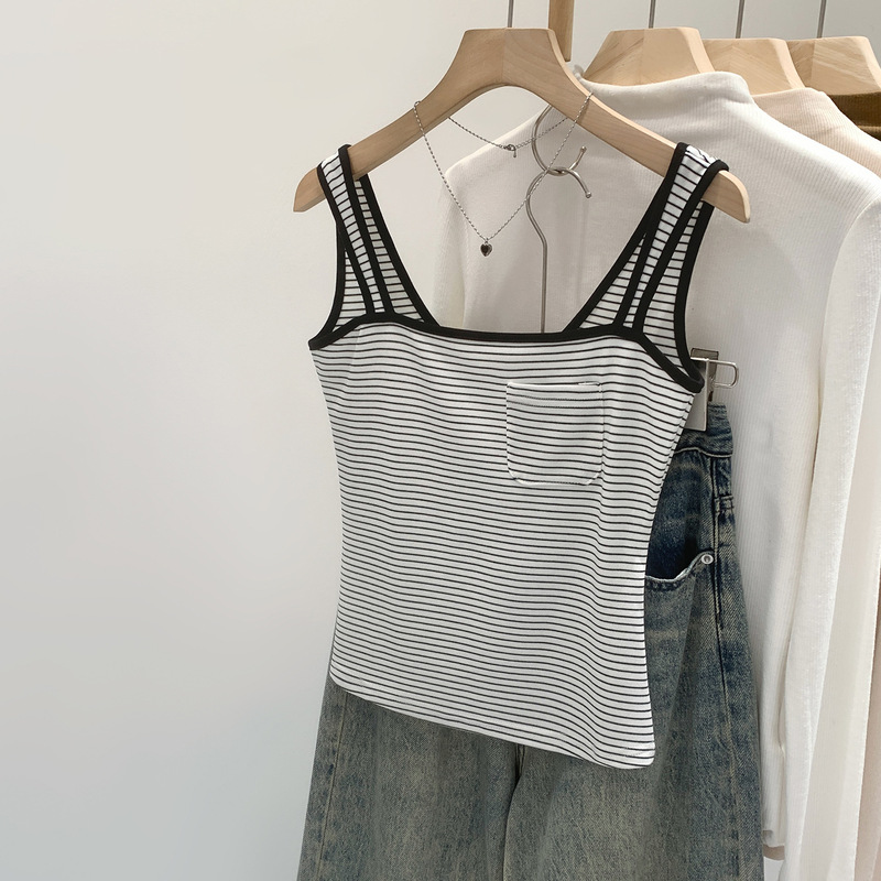 American-Style Spicy Girl Slim-Fit Pocket Design Striped Tank Top for Women, Summer 2026 New Sexy Spicy Girl Style Top