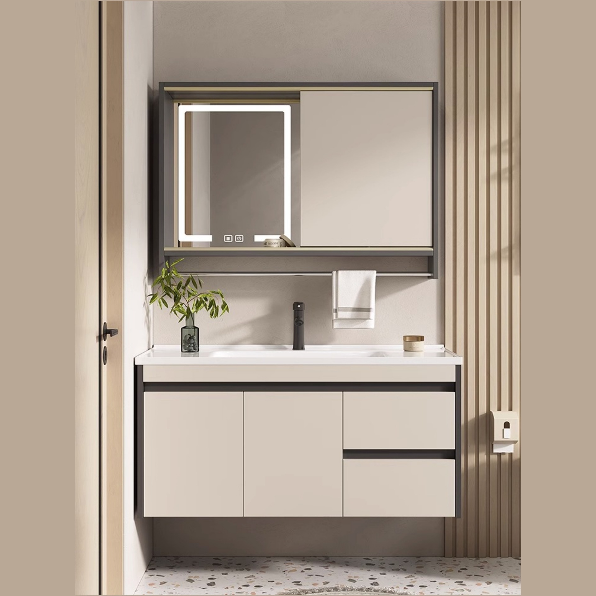 Combinación de gabinete de baño inteligente espejo de Feng Shui oculto mesa de lavado de baño lavabo integrado de cerámica