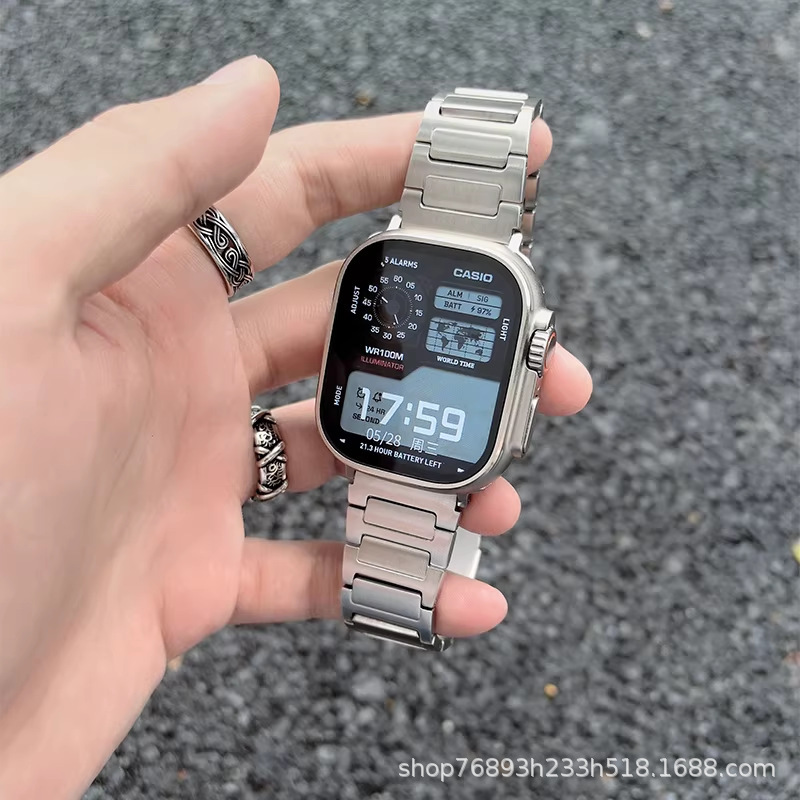 Suitable for iWatch 1-9 Generation Se Series Available Three-Bead Steel Strap Stainless Steel Strap Titanium Color Samsung Huawei 22mm