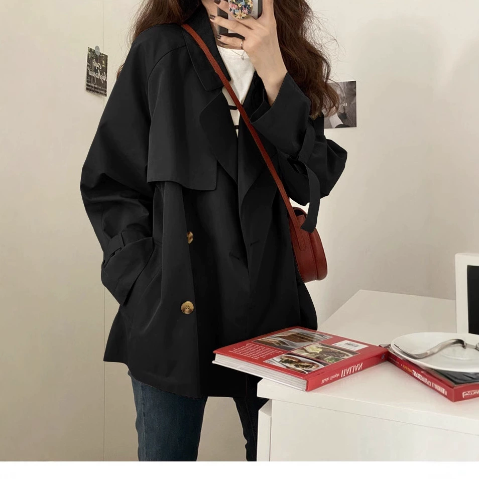 trench coat, корейский стиль, тонкая подростковая куртка, осень 2025, хаки/черный, размеры S–XXL