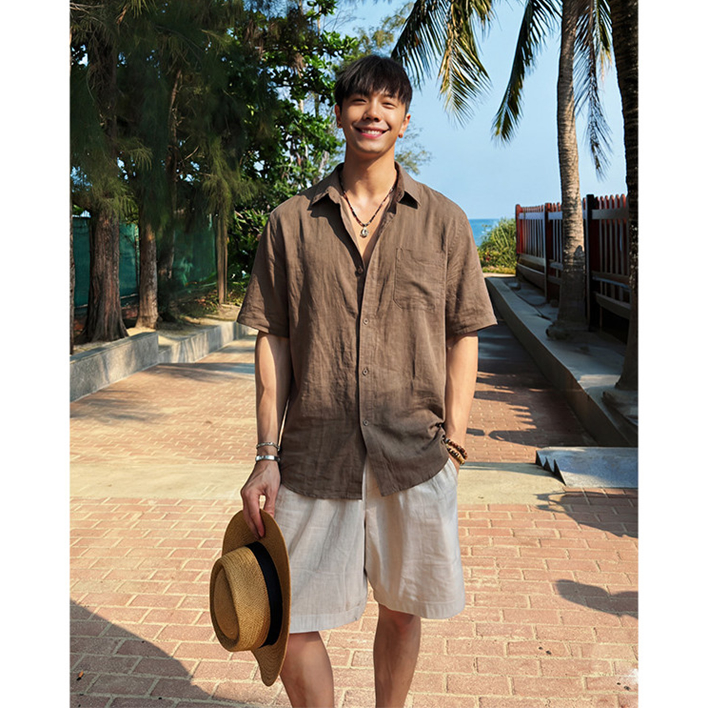 Men's Clothing Men's Old Fashion Style Brown Linen Shirt Summer Vacation Wear Ice Silk Sun Protection Casual Short Sleeve Shirt For Married Men_viptrois.com