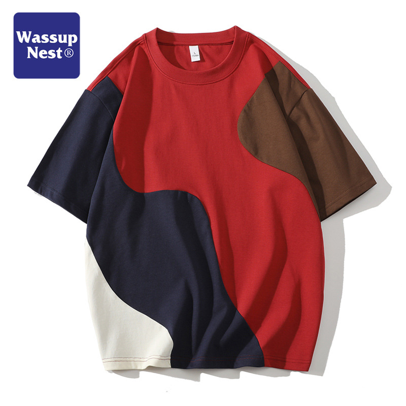 WASSUPNEST Short-sleeved T-shirt Men's Trendy Brand Round Neck Loose Couple's Personality Irregular Stitching Casual Top for Men