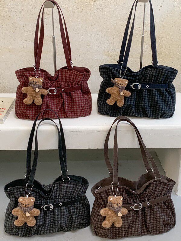 Túi tote nữ quai đeo vai dáng shopping cỡ lớn, chất liệu dạ, kiểu mới mùa đông — Màu cà phê Không có mặt dây chuyền, Màu xanh không có mặt dây chuyền, Màu đỏ không có mặt dây chuyền, Đen không có mặt dây chuyền