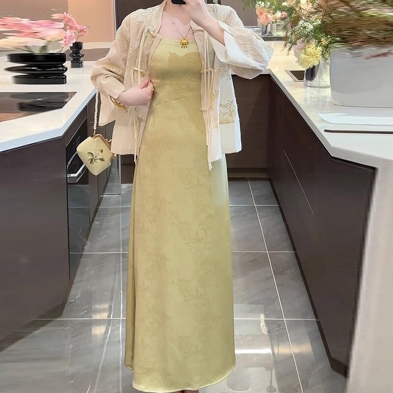 高级感缎面丝滑吊带连衣裙女2025夏季新中式修身减龄提花长款裙|undefined