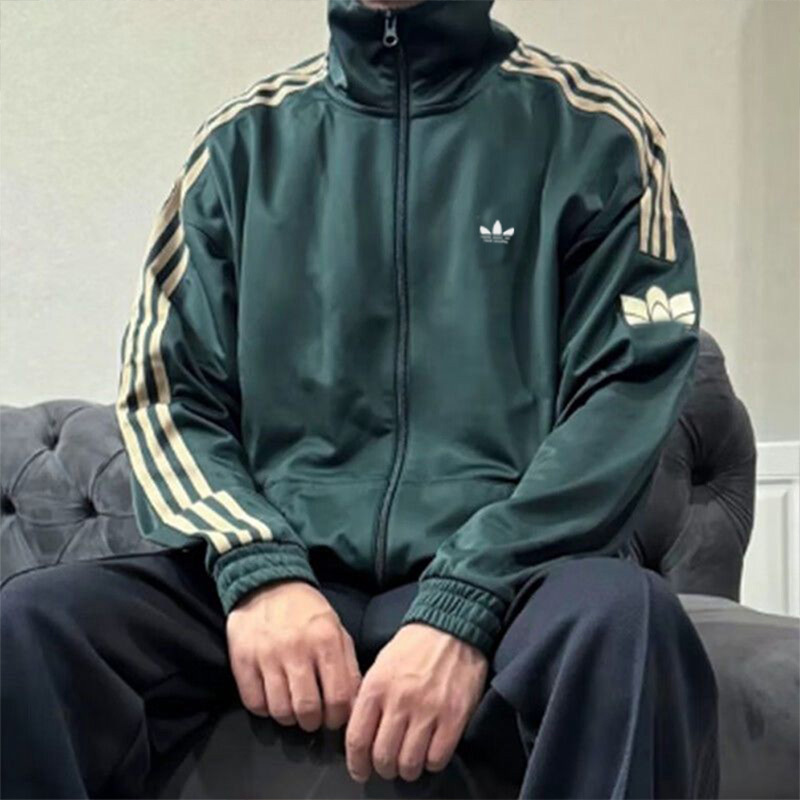 Three-Stripe Jacket for Men and Women, New Casual Sportswear, Loose Breathable Stand-Up Collar Jacket, Cardigan, Sweatshirt, Three Leaves