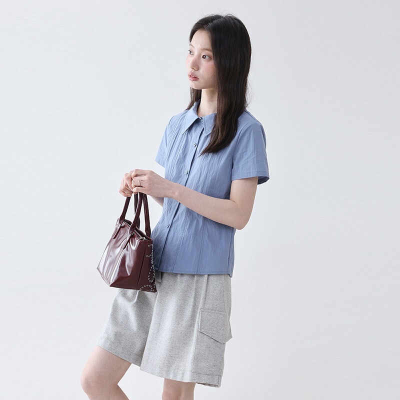 "Mustard Pie Vooe" Blue Polo Collar Waist-Cinching Slimming Shirt for Women, New Summer Style, Versatile Short-Sleeve Top for Work "Mustard Pie Vooe" Blue Polo Collar Waist-Cinching Slimming Shirt for Women, New Summer Style, Versatile Short-Sleeve Top for Work