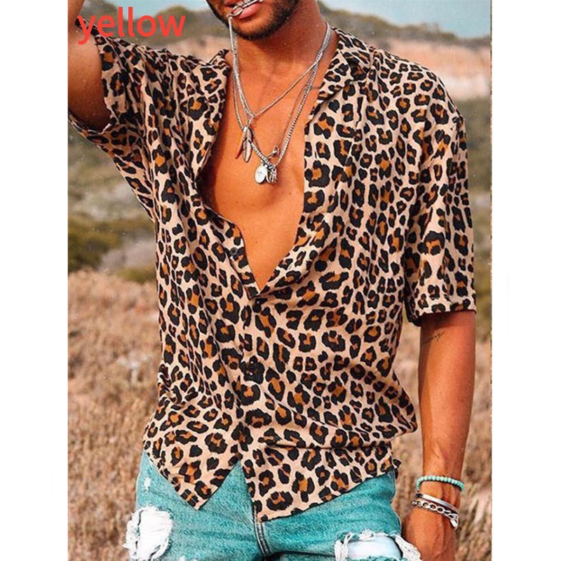 Camisa de manga corta con estampado de leopardo de moda para hombres de estilo europeo y americano 2023 Verano nueva camisa casual Top moda de comercio exterior transfronterizo