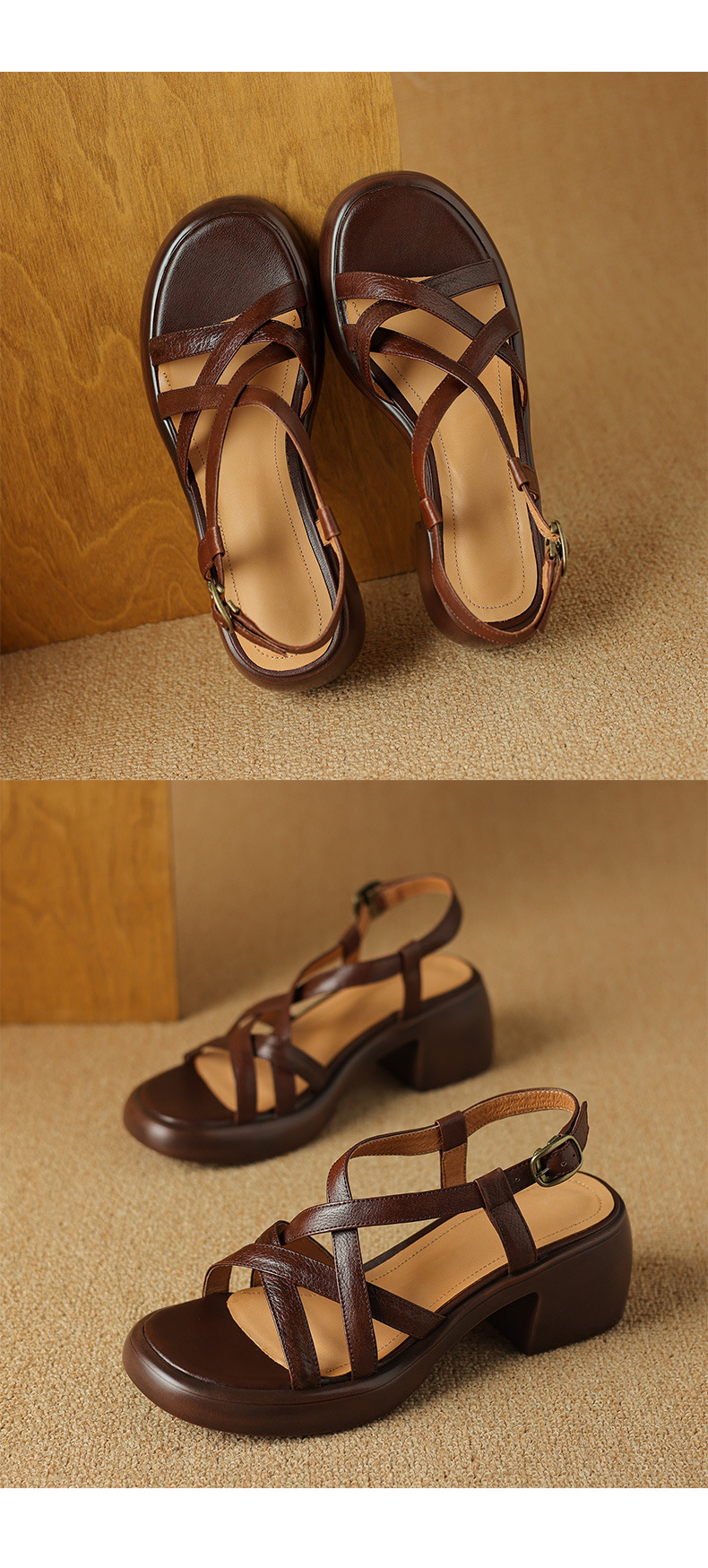 Sandal nữ quai ngang da bò đế xuồng gót cao phong cách La Mã — nâu chi tiết 15