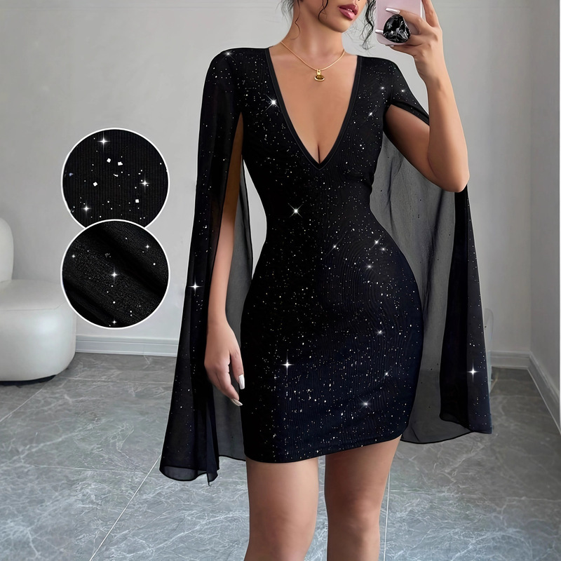 In Stock 2026 Aliexpress European and American Cross-Border V-Neck Sexy Wide-Sleeve Tight Mini Dress In Stock 2026 Aliexpress European and American Cross-Border V-Neck Sexy Wide-Sleeve Tight Mini Dress