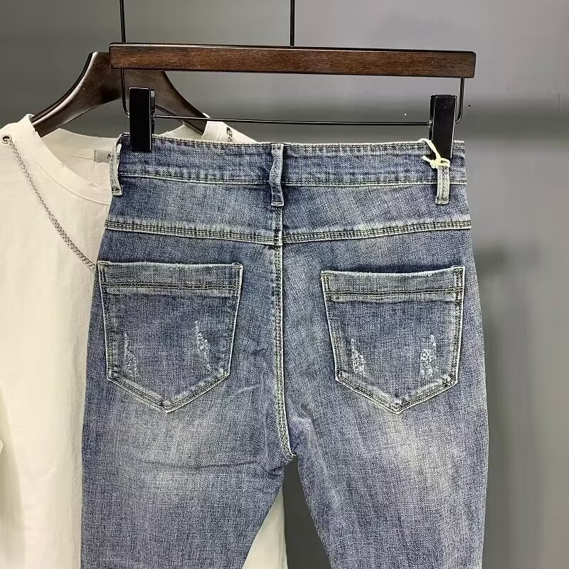 Men's Slim Fit Cropped Jeans Distressed Elastic Stretch Denim_voghion.com