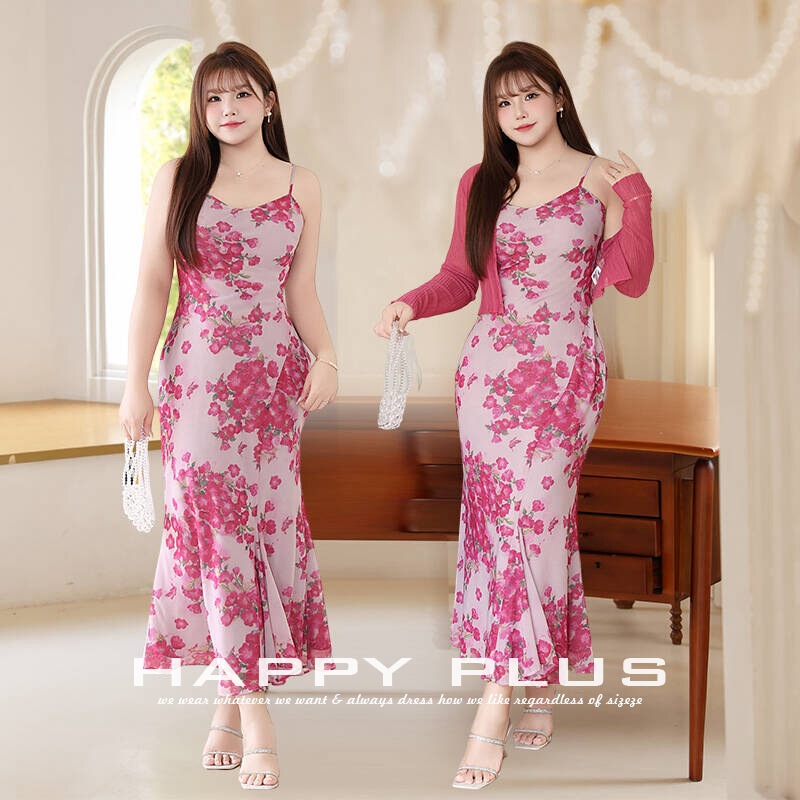 Runqi Plus Size Floral Fishtail Asymmetrical Cut Dress N9153 French Style Printed Strap Dress
