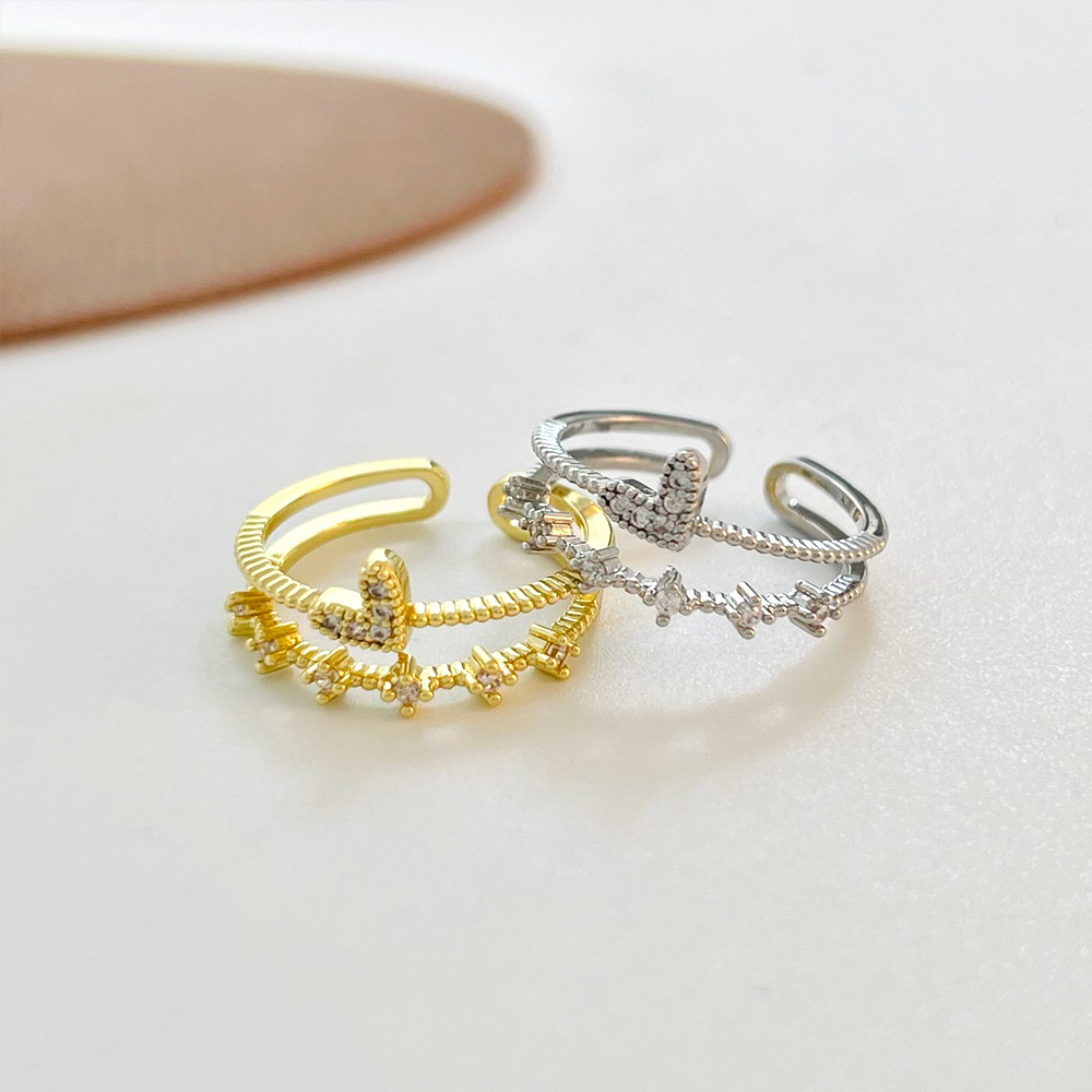 Copper Material Heart Pattern Fashion Double Layers Heart Zircon Inlaid Open Copper Ring