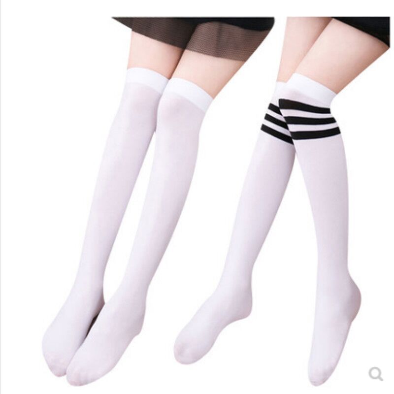 Combed Cotton Knee-High Striped Student Socks, White-Blue Over-Knee Sports Stockings, One Size — detail image 2