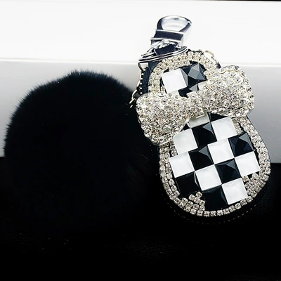 key case cute creative | Static Rod/Key Bag - black-and-white-plaid-key-case-fur-ball