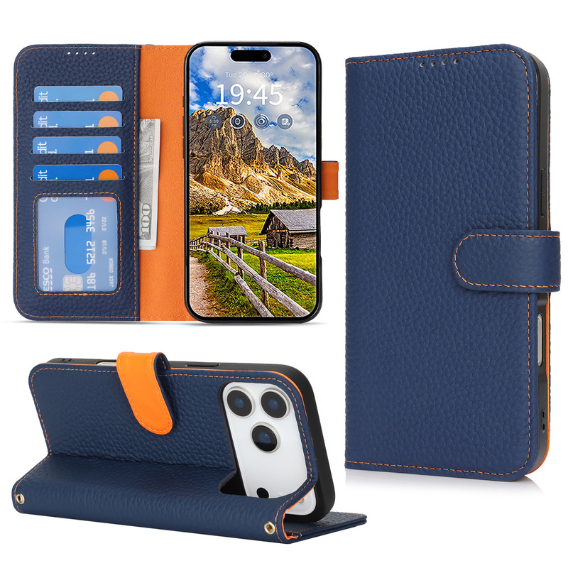 Suitable for Apple iPhone 17, iPhone 16, lychee pattern genuine leather phone case with RFID protection and multiple card slots Suitable for Apple iPhone 17, iPhone 16, lychee pattern genuine leather phone case with RFID protection and multiple card slots
