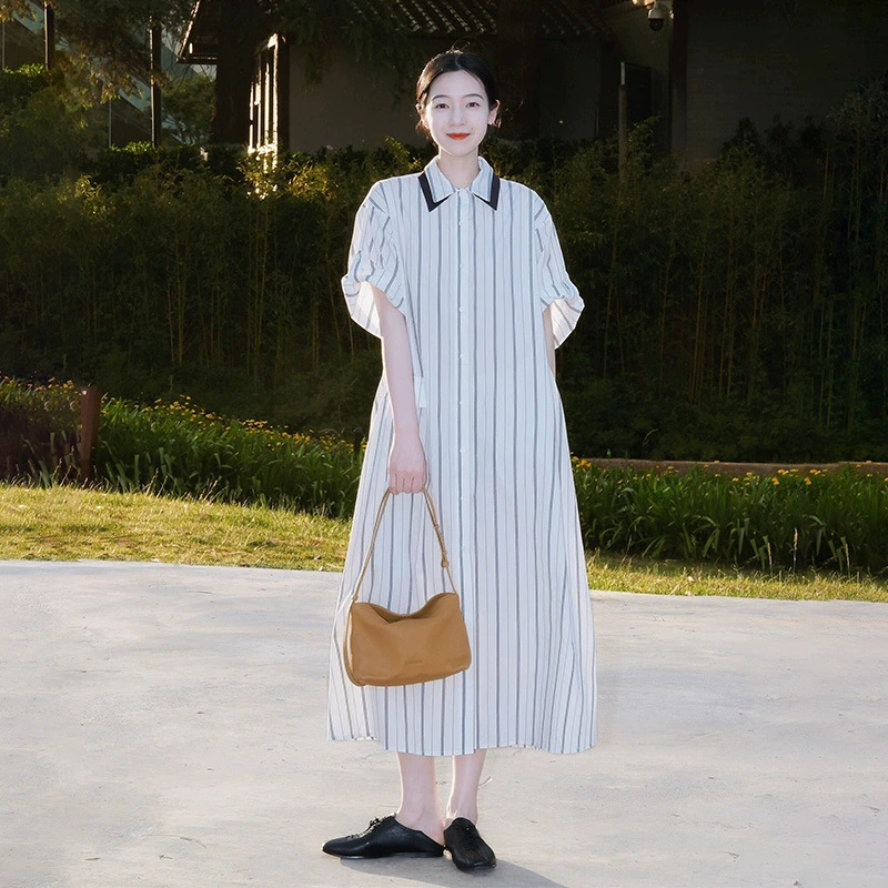 Платье с воротником ПОЛО, повседневная длинная юбка для рабочей одежды, простая и элегантная летняя одежда, свободная юбка-рубашка в полоску.