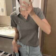 立体刺繍」セロコットン ポロカラー半袖Tシャツ 春韓国風 カジュアル 万能 着痩せ T0