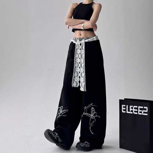 American-style bow lace casual pants for women, spring and autumn color-blocking and splicing track pants, sweet and spicy, pure desire style, design sense sportswear
