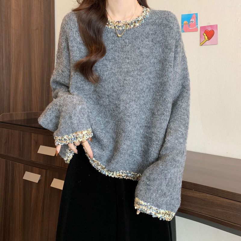 慵懒风长袖宽松显瘦上衣女洋气镶钻圆领套头纯色简约针织衫小香风|undefined
