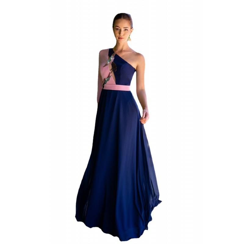 Otoño e Invierno largo vestido de gasa azul Amazon deseo temperamento adelgazar vestido de noche en stock