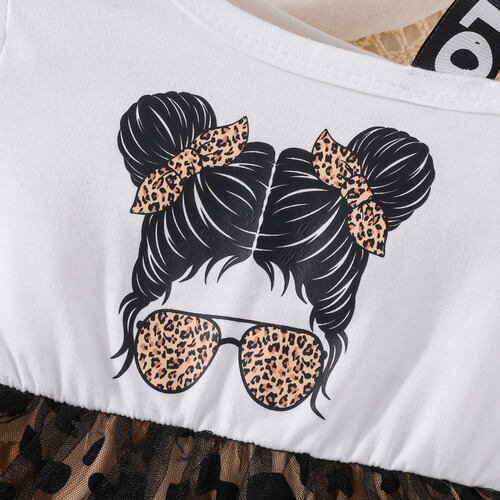 2024 Bestselling Summer Girls' Baby Dress New Baby Trendy Girl Print Splicing Leopard Print Net Dress