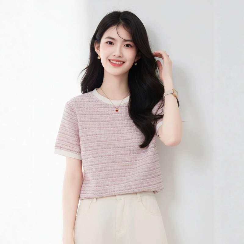 Gentle Style Pink and Purple Striped Short-Sleeve T-Shirt for Women, Summer Chanel-Inspired Texture, Color-Blocking Design, Versatile and Stylish Top Gentle Style Pink and Purple Striped Short-Sleeve T-Shirt for Women, Summer Chanel-Inspired Texture, Color-Blocking Design, Versatile and Stylish Top