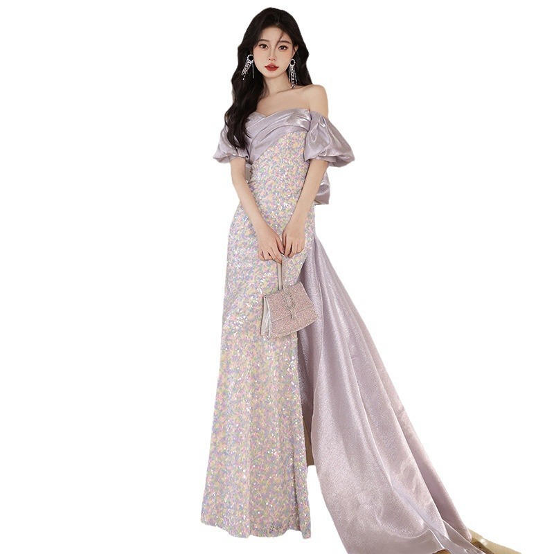 Una palabra hombro vestido de noche mujer 2026 nuevo verano lujo ligero nicho de gama alta celebridad anfitrión vestido de banquete