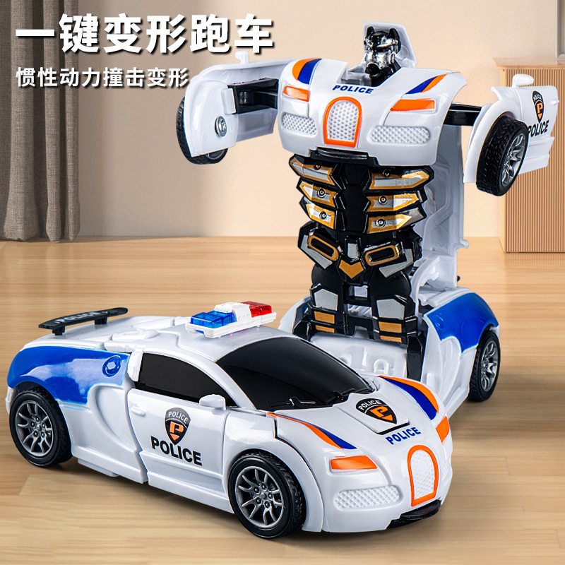 Children's deformation toy car inertial impact one-button deformation police car boy puzzle collision deformation Autobots wholesale