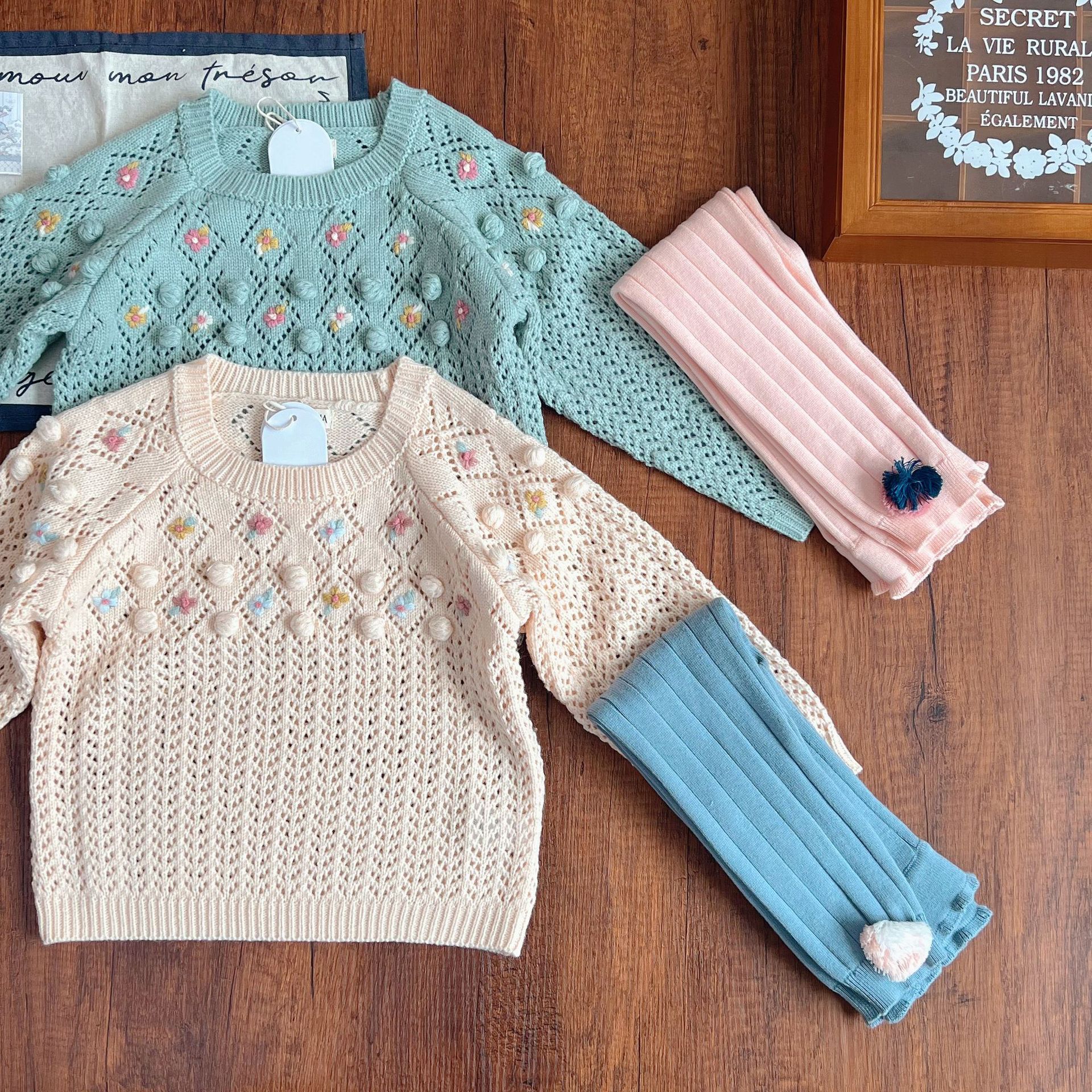 现货!儿童毛衣25秋冬LM民族风女童高定手工球球针织衫打底裤套装