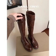 牛皮版~真皮褶皱长筒靴女秋冬不过膝厚底显瘦靴子高筒粗跟骑士靴