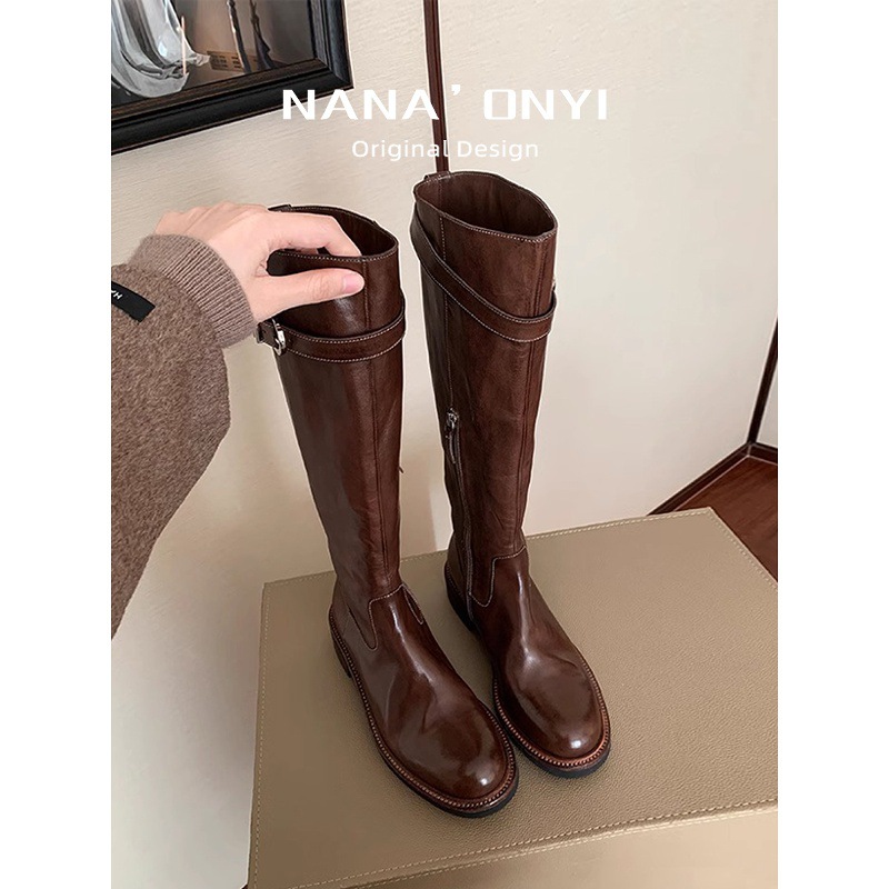 牛皮版~真皮褶皱长筒靴女秋冬不过膝厚底显瘦靴子高筒粗跟骑士靴