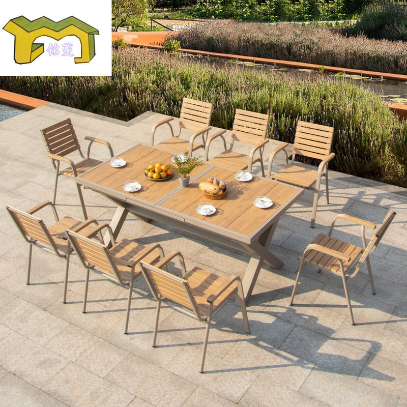 Outdoor Plastic Wood Tables and Chairs, Courtyard Waterproof and Sun-Proof, Open-Air Balcony Leisure Faux Wood Tables and Chairs, Trendy Garden Outdoor Dining Chairs