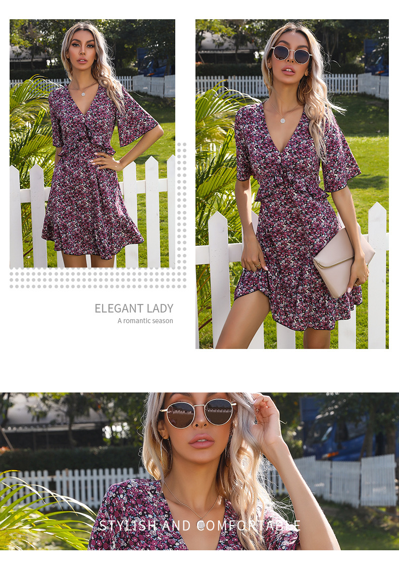 summer new floral v-neck short-sleeved backless ruffle dress NSYYF61440