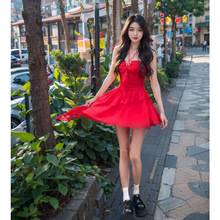 花墙红玫瑰 法式复古气质收腰红色小个子连衣裙开衫套装超仙短裙