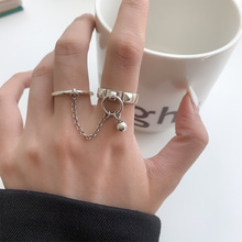 韩版S925银双指一体式戒指女复古时尚链条流苏圆球开口指环食指戒
