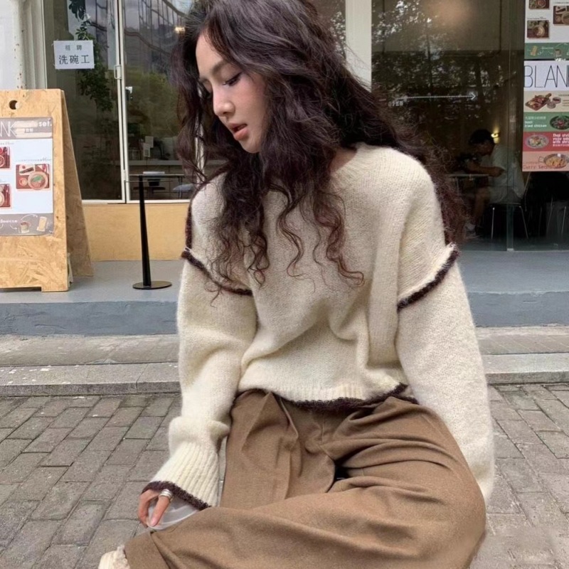 美式小众撞色不规则毛衣女2025冬季宽松慵懒风加厚圆领针织衫上衣|undefined