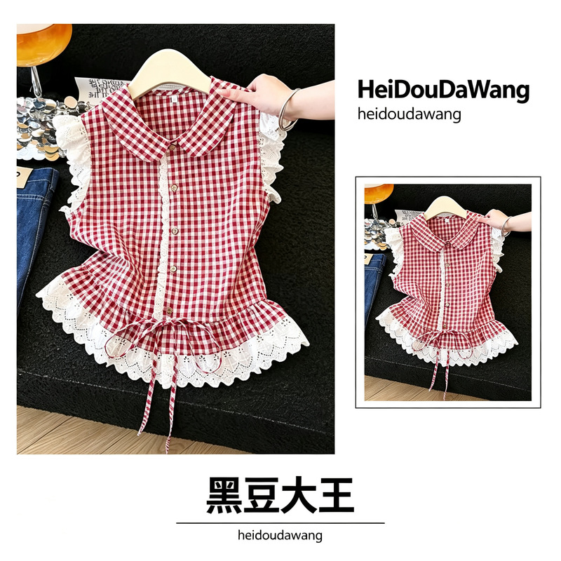 Red plaid ruffled hem sleeveless shirt for women, summer youthful and artistic style, lace trim, small flutter sleeve babydoll shirt