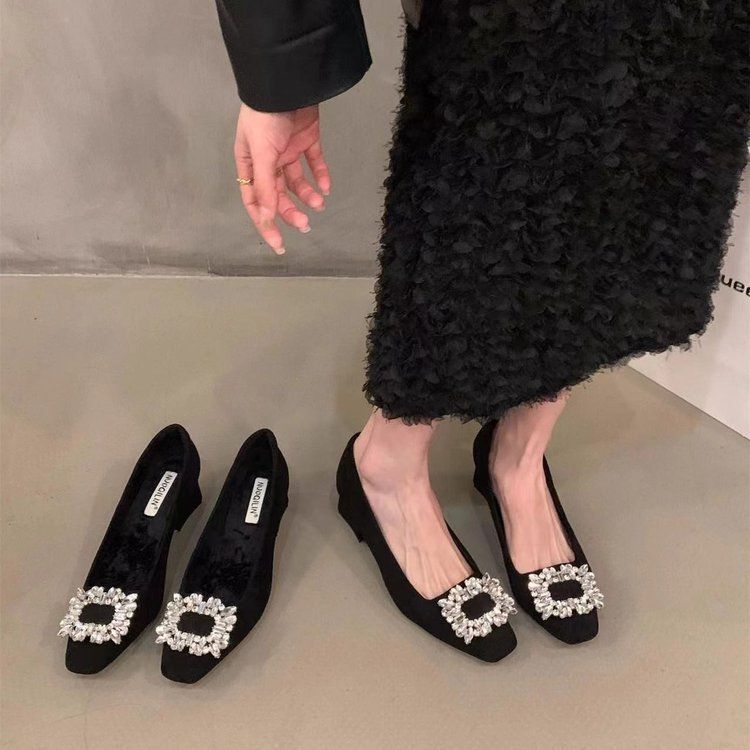 The Brightest Star under the Night Sky, Rhinestone Square Buckle Pumps, Women's Thick Heel, Medium Heel, Square Toe Silk Satin High Heels