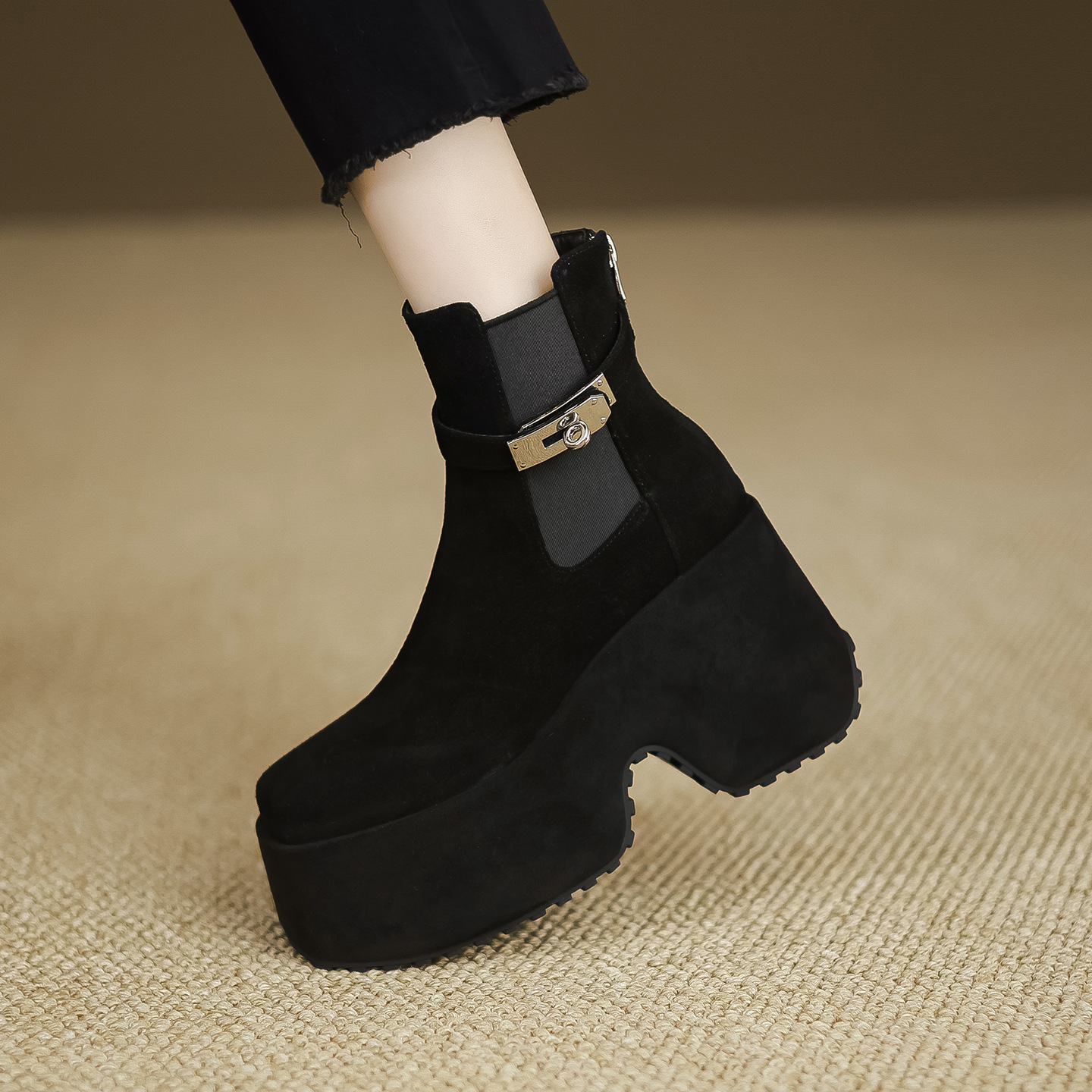Boot Chelsea nữ cổ thun đế xuồng gót vuông mũi vuông phong cách bụi — Lót đơn màu hạnh