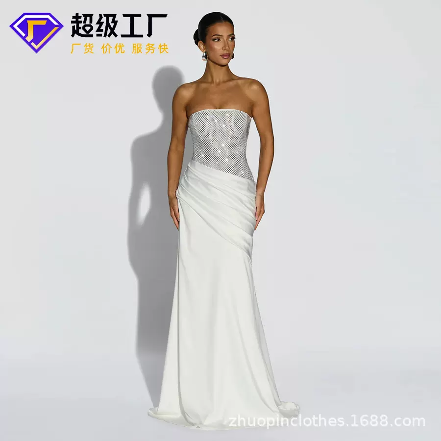 卓品服饰定制欧美性感抹胸亮片拼接长裙露背绑带设计宴会晚礼服女