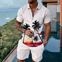 跨境平台夏季3D印花Polo短袖短裤套装欧美风男士夏威夷2件套