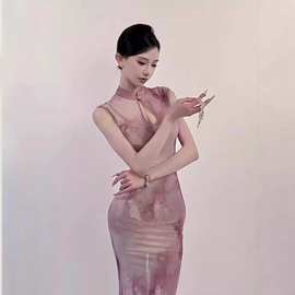 TZ7453小众性感立领印花改良旗袍纯欲气质修身连衣长裙(含吊带）