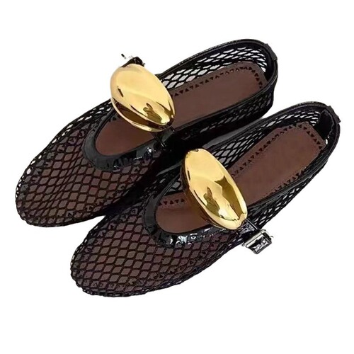 Leather round head niche fish grid hollow ballet flat women's new fashion simple flat buckle single shoe