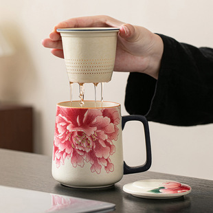 Rock Mineral White Simple Ceramic Tea Water Separation Cup Personal Special Filtered Blue and White Household Office Tea Cup with Lid