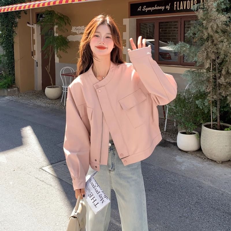 Pink Leather Jacket Women's Spring and Autumn New Style Small Short Loose Motorcycle Leather Jacket Top